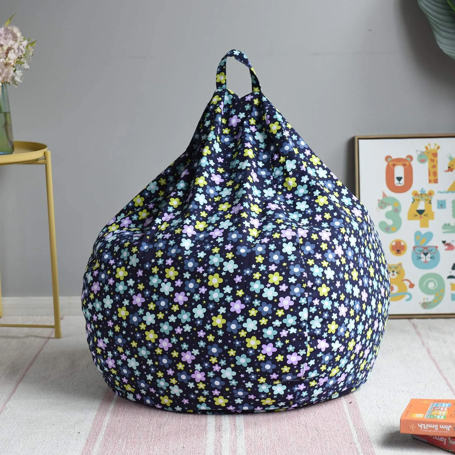 YuppieLife Kids Storage Bean Bag Cover（No Filling） Toy Organizer|Carrying Handle Sofa|Available for Kids and Teenager|Cuddle Chair|Machine Washable and Durable（38“,Blue Flowers）
