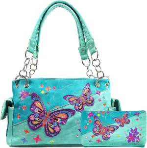 Zelris Butterfly Flower Season Embroidery Women Conceal Carry Handbag Wallet Set