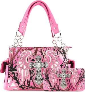 Zelris Camouflage Shine Glow Cross Wings Women Conceal Carry Handbag with Wallet