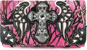 Zelris Camouflage Shine Glow Cross Wings Women Crossbody Trifold Wallet