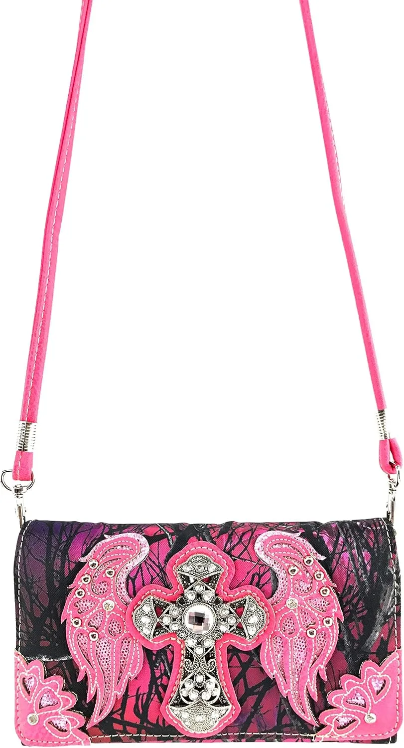 Zelris Camouflage Shine Glow Cross Wings Women Crossbody Trifold Wallet