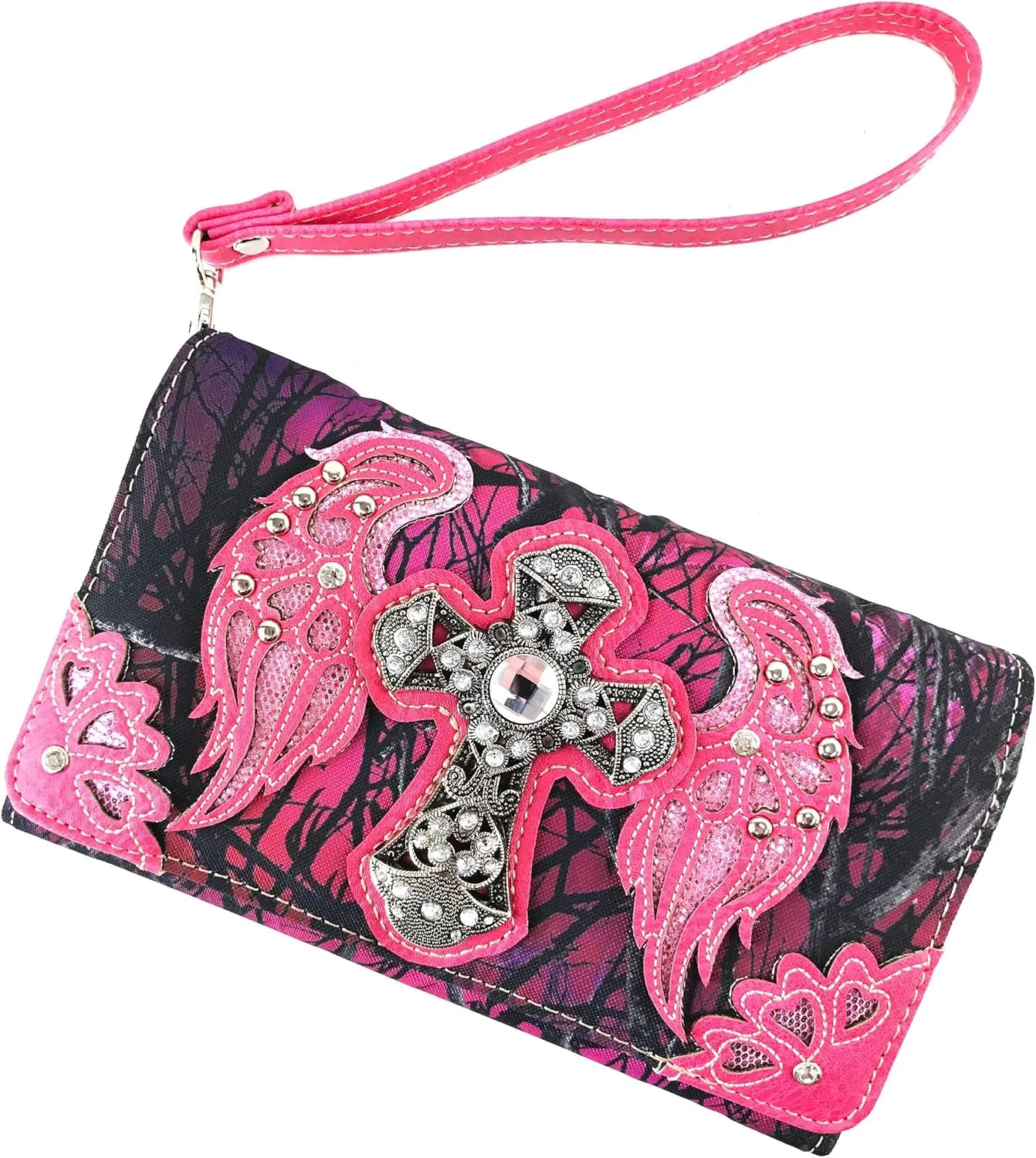 Zelris Camouflage Shine Glow Cross Wings Women Crossbody Trifold Wallet