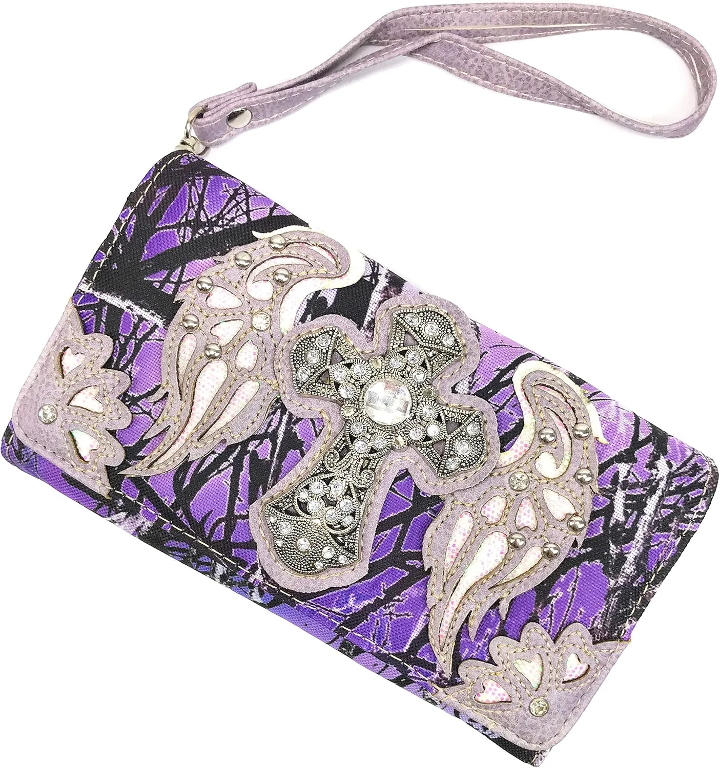 Zelris Camouflage Shine Glow Cross Wings Women Crossbody Trifold Wallet