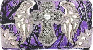 Zelris Camouflage Shine Glow Cross Wings Women Crossbody Trifold Wallet