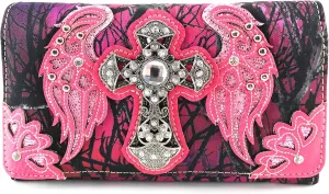 Zelris Camouflage Shine Glow Cross Wings Women Crossbody Trifold Wallet
