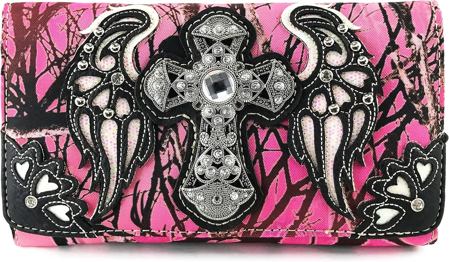 Zelris Camouflage Shine Glow Cross Wings Women Crossbody Trifold Wallet