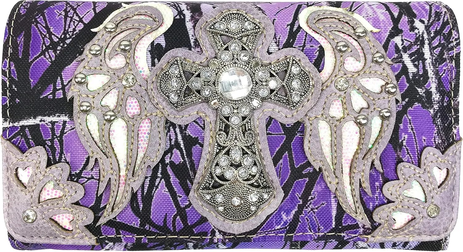 Zelris Camouflage Shine Glow Cross Wings Women Crossbody Trifold Wallet