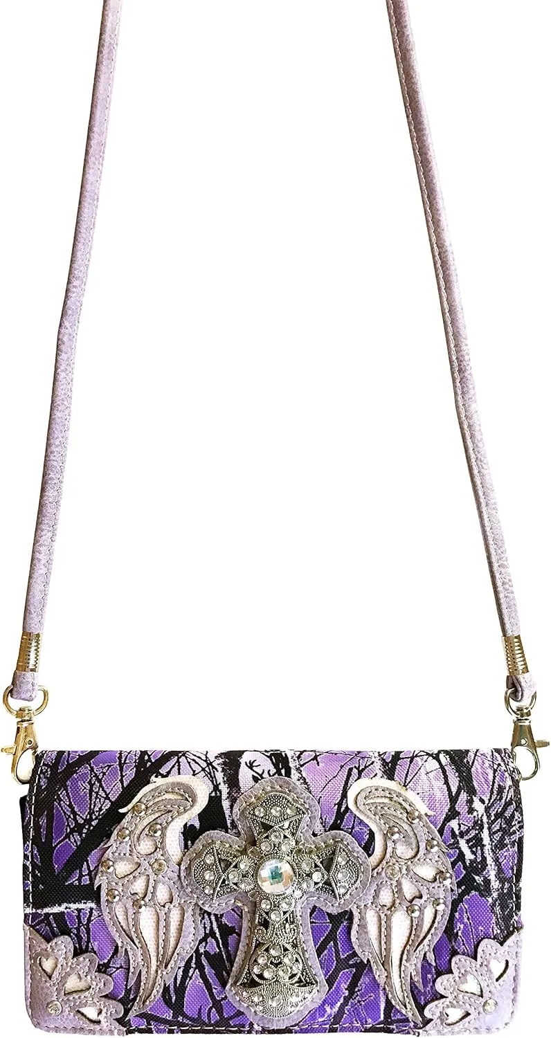 Zelris Camouflage Shine Glow Cross Wings Women Crossbody Trifold Wallet