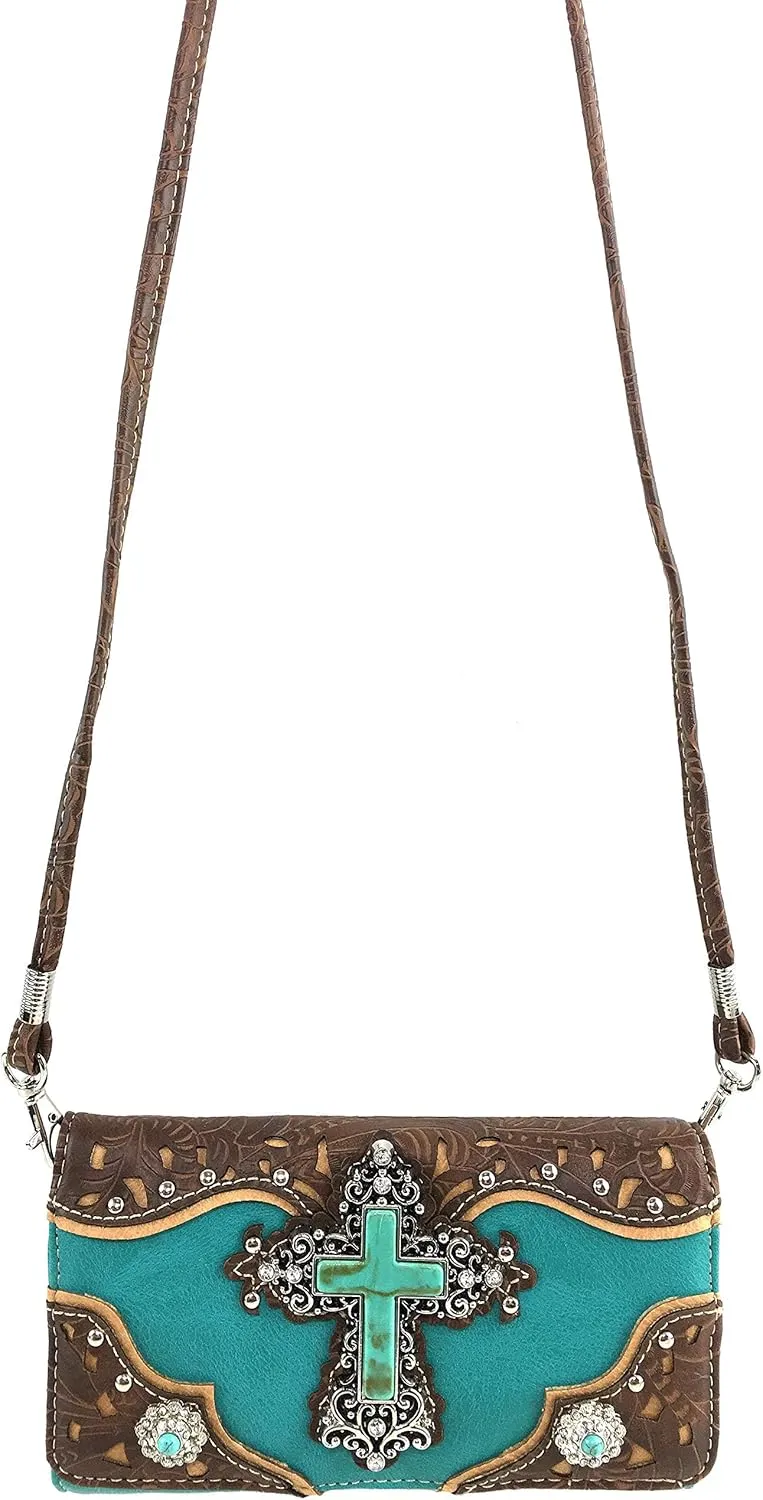 Zelris Turquoise Rhinestone Cross Western Women Crossbody Wrist Trifold Wallet