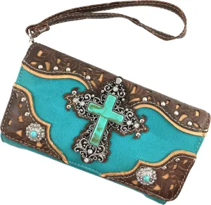 Zelris Turquoise Rhinestone Cross Western Women Crossbody Wrist Trifold Wallet