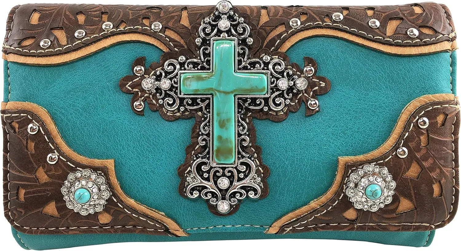 Zelris Turquoise Rhinestone Cross Western Women Crossbody Wrist Trifold Wallet