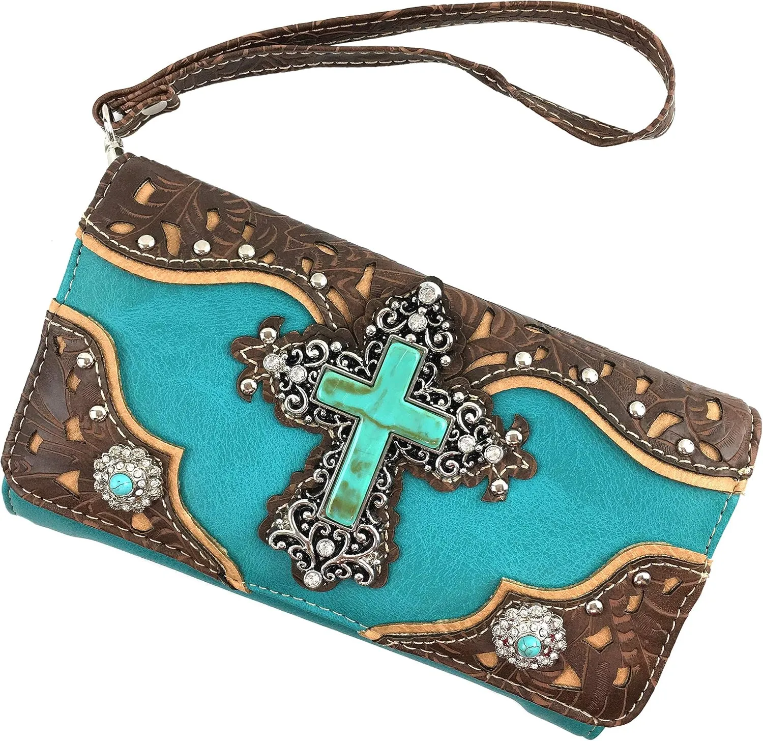 Zelris Turquoise Rhinestone Cross Western Women Crossbody Wrist Trifold Wallet