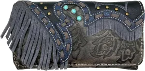 Zelris Women Crossbody Wallet Turquoise Concho Suede Fringe Two Tone Cowgirl Trifold Open