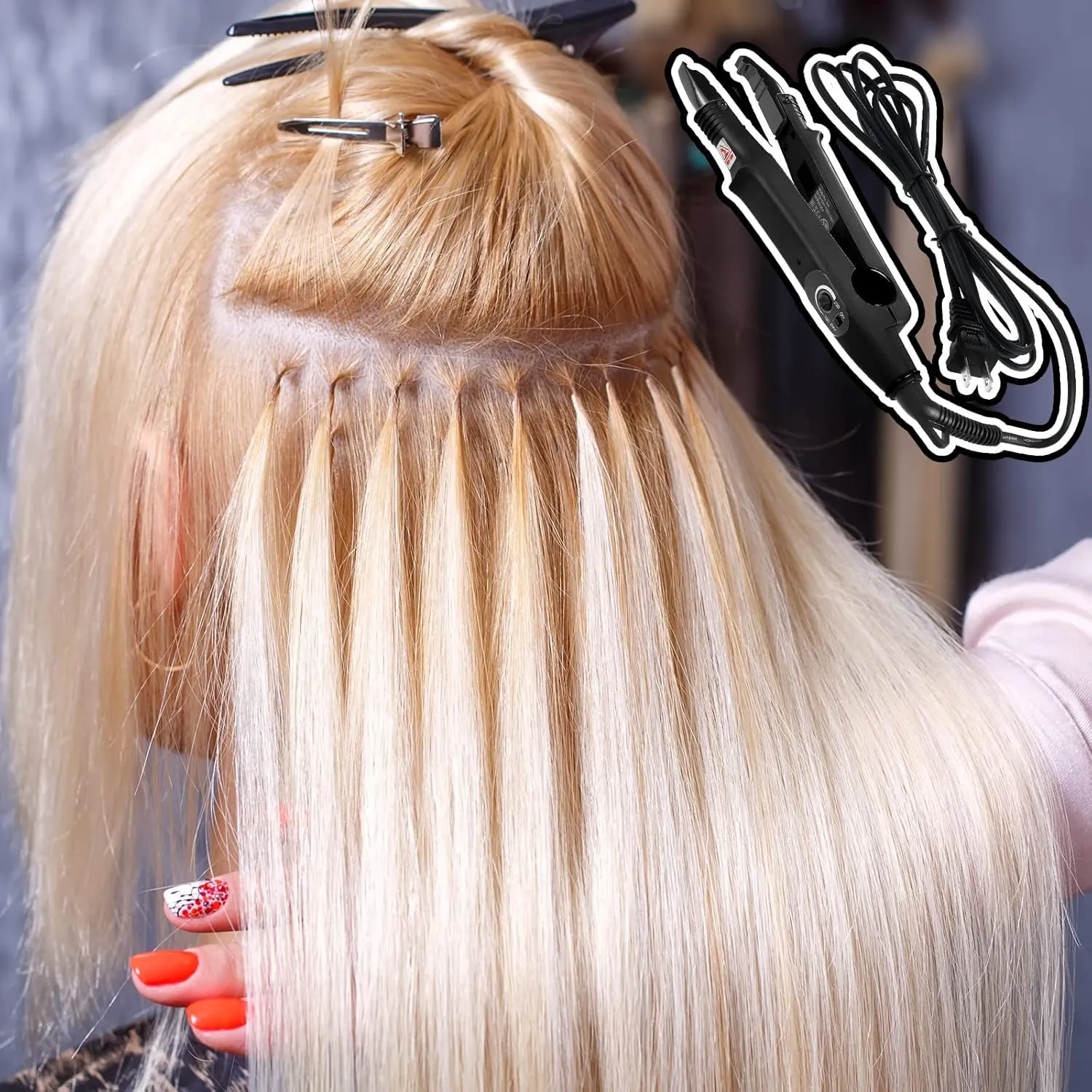 Zhehao Fusion Hair Extensions Tool Us Plug Professional Hair Extensions Tools U Tip Professional Fusion Heat Iron Connector Wand with 2 Bags Keratin Glue Granule Beads
