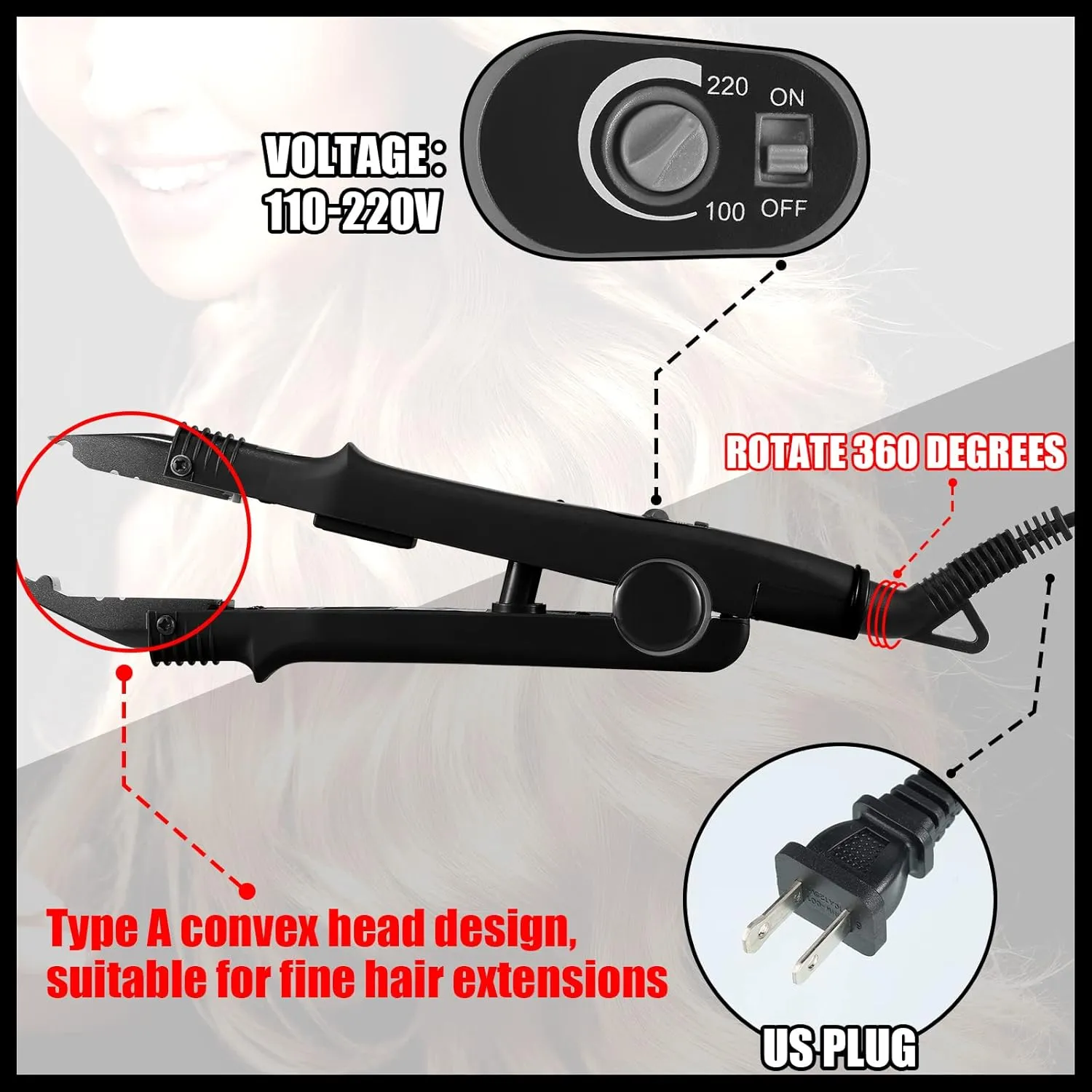 Zhehao Fusion Hair Extensions Tool Us Plug Professional Hair Extensions Tools U Tip Professional Fusion Heat Iron Connector Wand with 2 Bags Keratin Glue Granule Beads