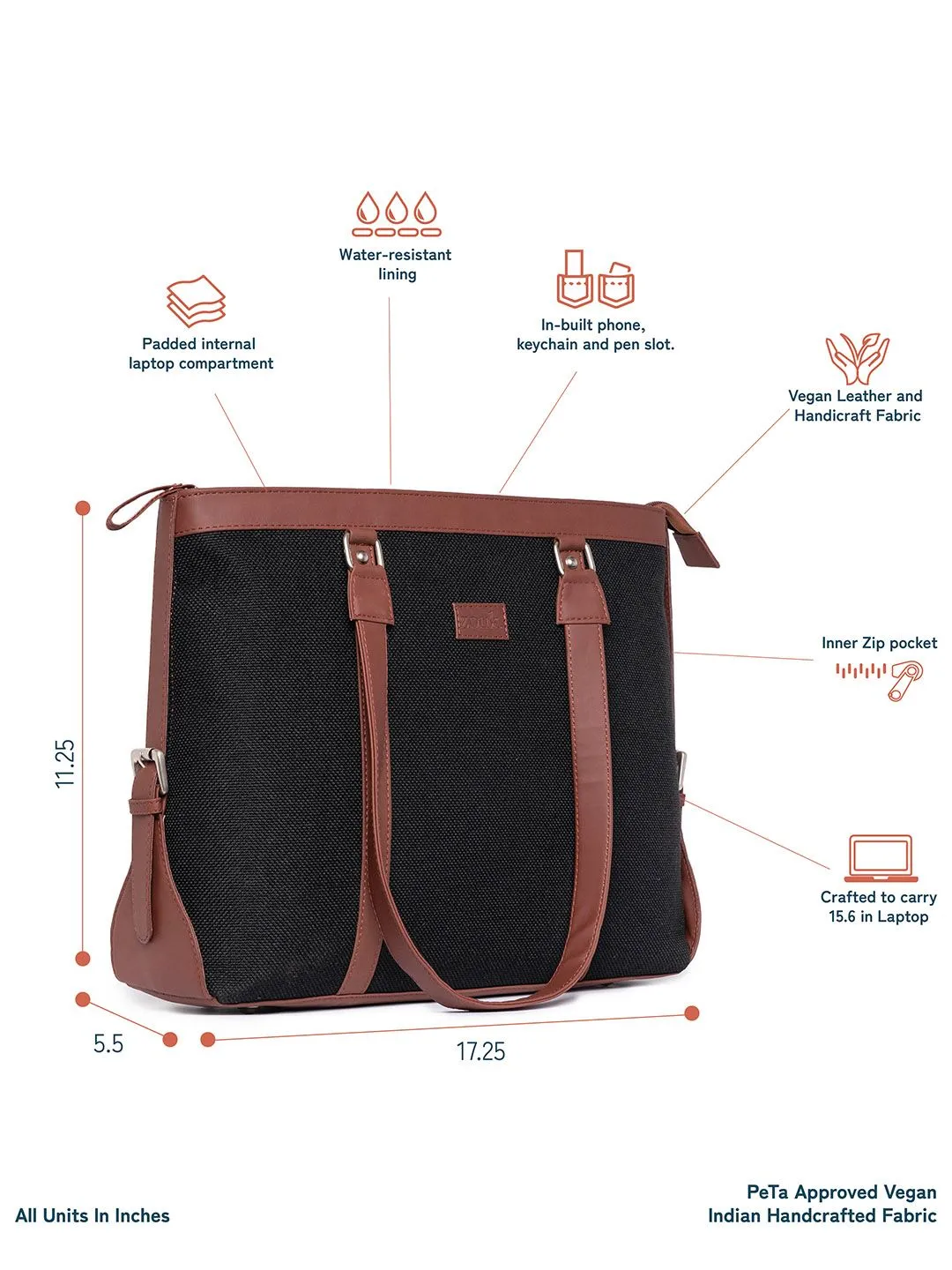 ZOUK Black Solid Vegan Leather Sustainable Laptop Bag