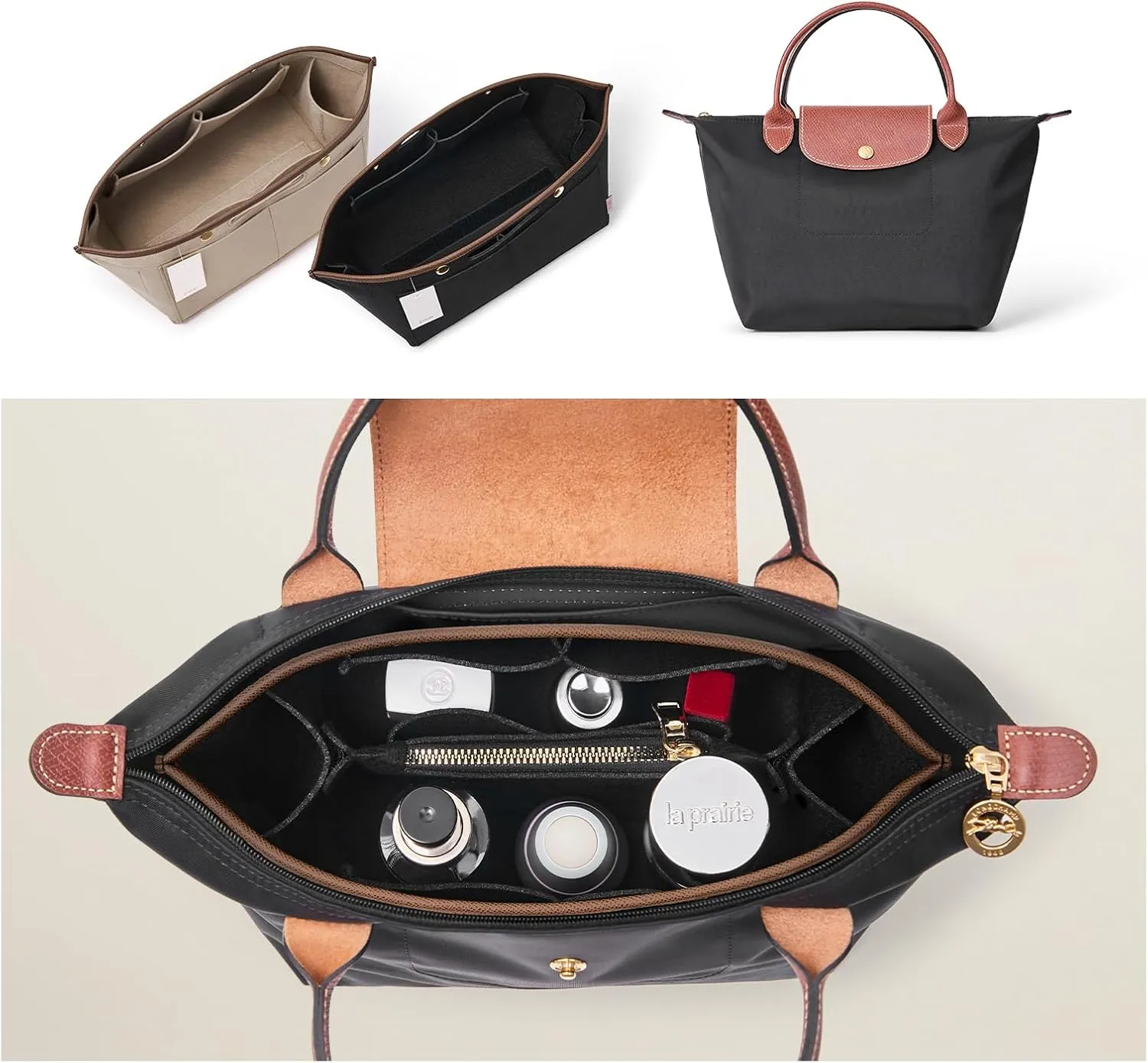 ZTUJO Purse Organizer Insert For Le Pliage, Compatible with Longchamp Le Pliage Shoulder Bag S/L, Top Handle S/M，Energy S/L, Xtra S, Longchamp Organizer Insert (Black, Large)