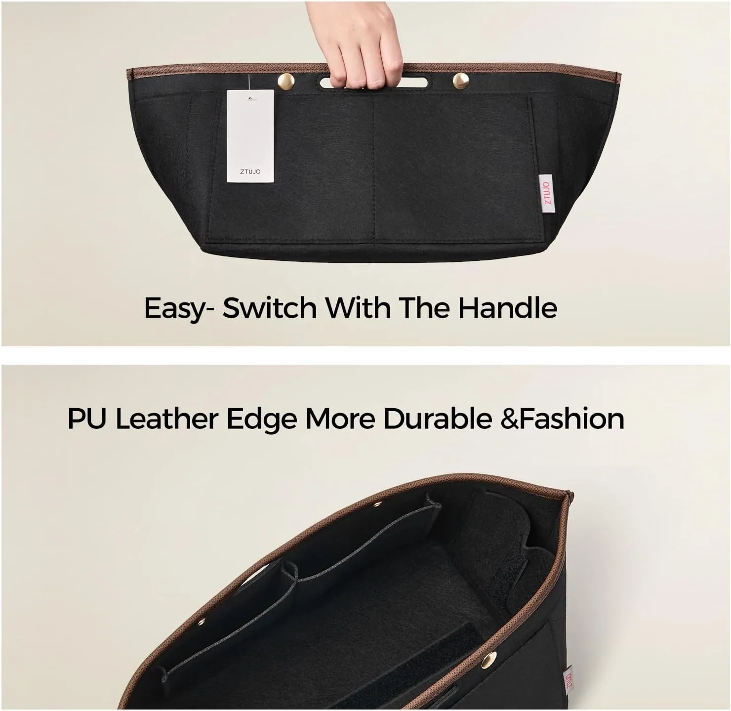 ZTUJO Purse Organizer Insert For Le Pliage, Compatible with Longchamp Le Pliage Shoulder Bag S/L, Top Handle S/M，Energy S/L, Xtra S, Longchamp Organizer Insert (Black, Large)