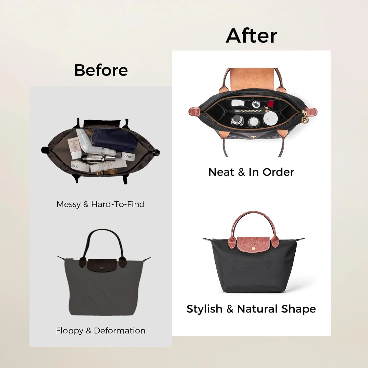 ZTUJO Purse Organizer Insert For Le Pliage, Compatible with Longchamp Le Pliage Shoulder Bag S/L, Top Handle S/M，Energy S/L, Xtra S, Longchamp Organizer Insert (Black, Large)