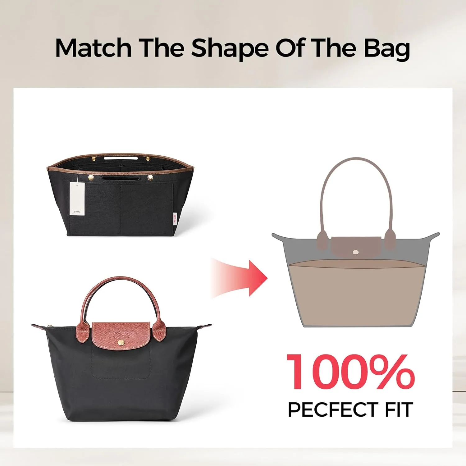 ZTUJO Purse Organizer Insert For Le Pliage, Compatible with Longchamp Le Pliage Shoulder Bag S/L, Top Handle S/M，Energy S/L, Xtra S, Longchamp Organizer Insert (Black, Large)