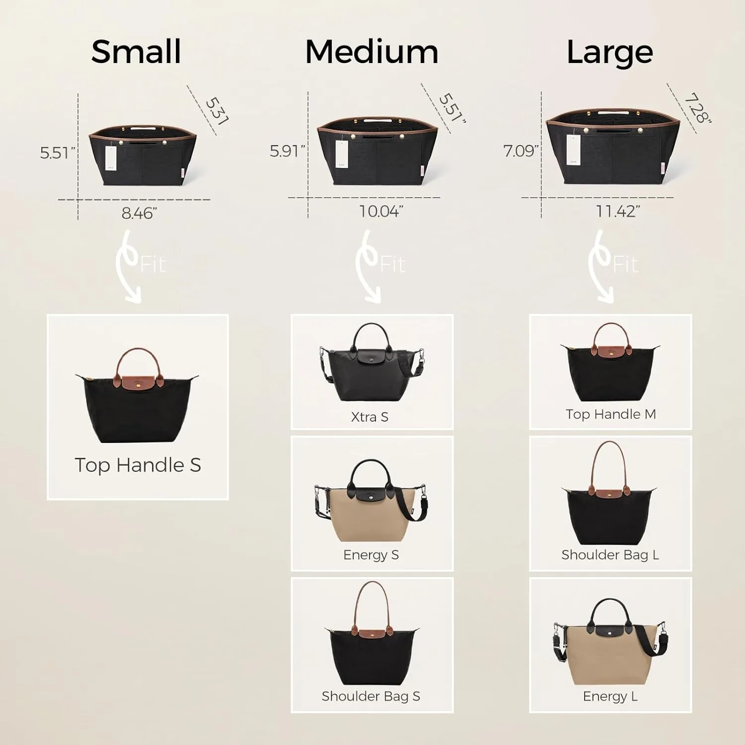 ZTUJO Purse Organizer Insert For Le Pliage, Compatible with Longchamp Le Pliage Shoulder Bag S/L, Top Handle S/M，Energy S/L, Xtra S, Longchamp Organizer Insert (Black, Large)